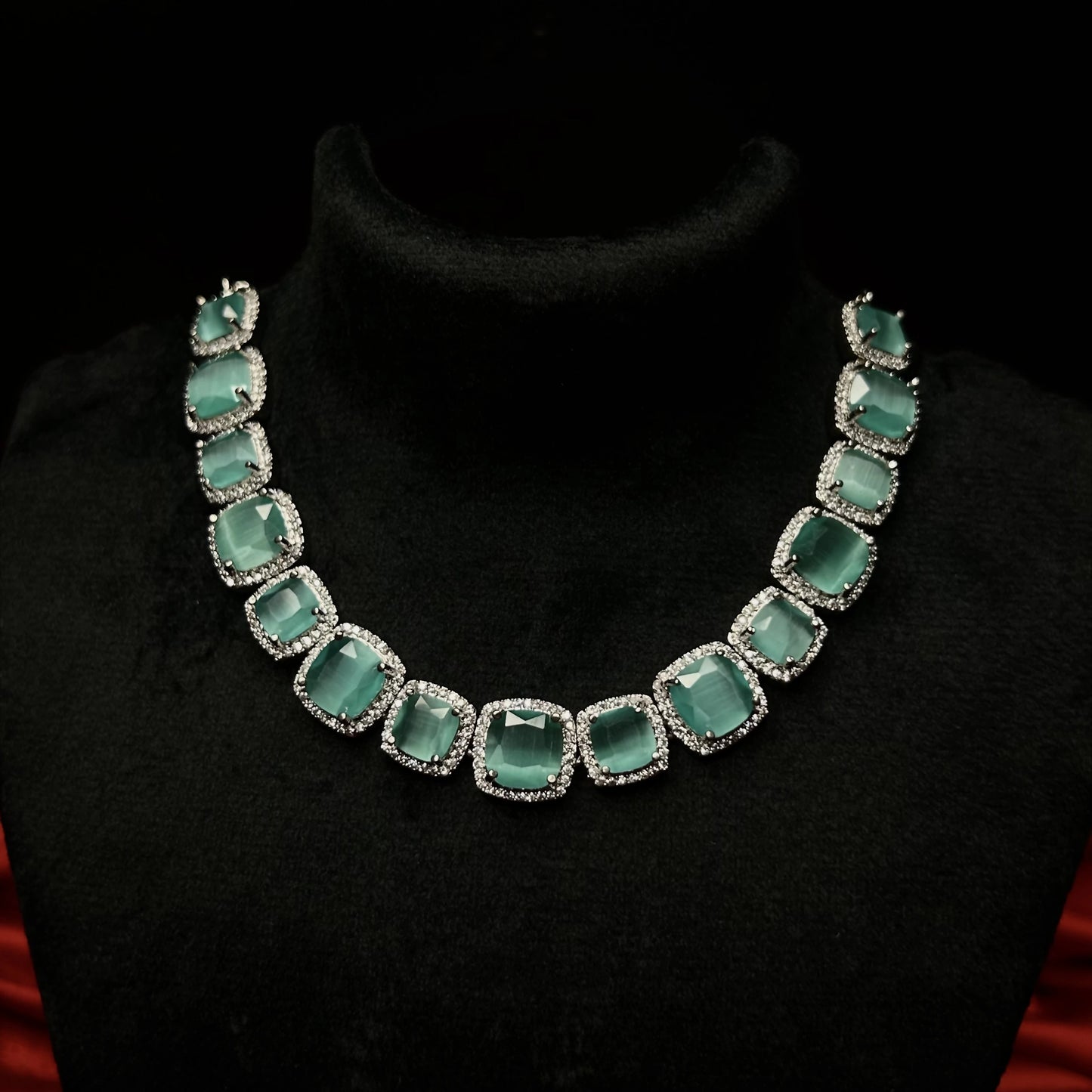 Chok Aqua Green and Silver Sterling American Diamond Choker Set