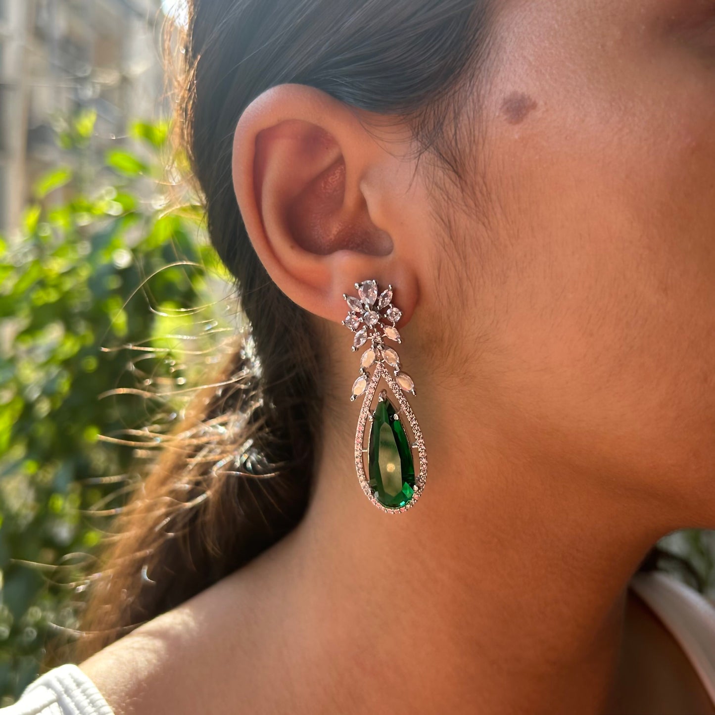 Boond Emerald Green American Diamond Earrings with Starling Stone