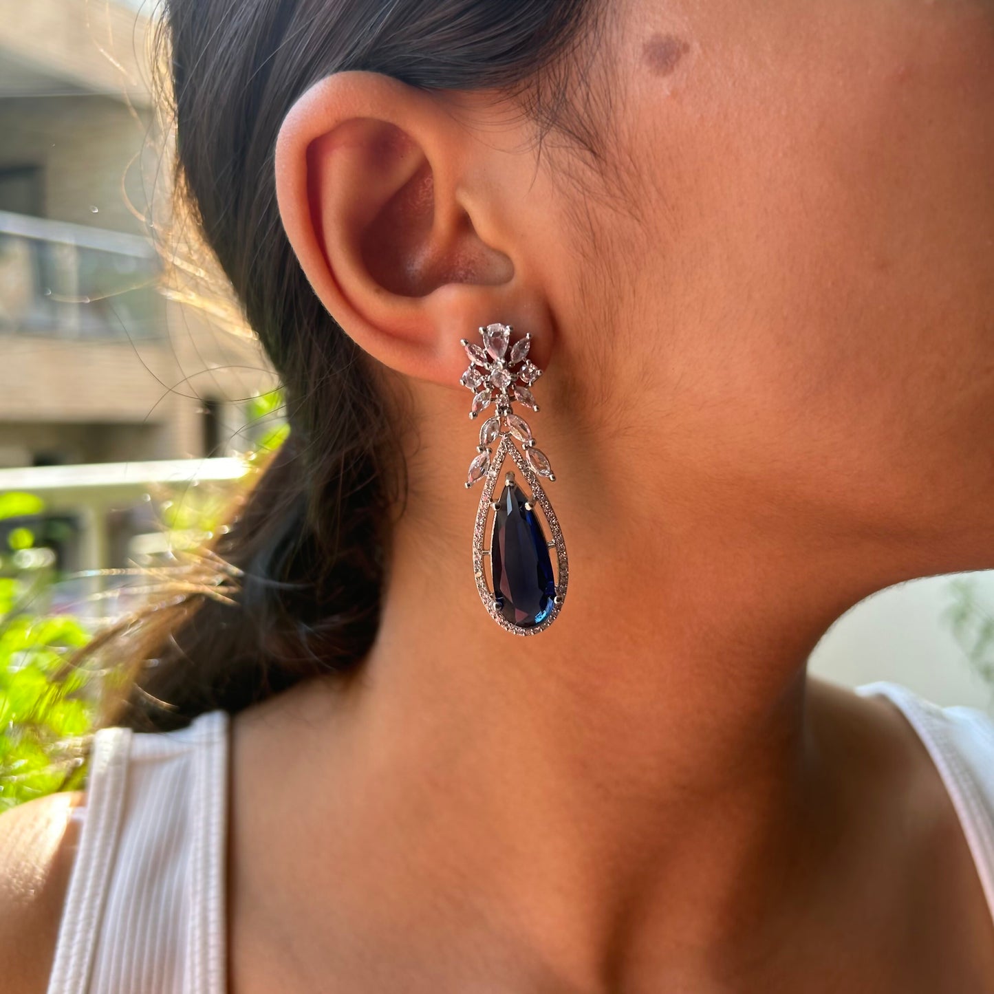 Boond Sapphire Blue American Diamond Earrings with Starling Stone