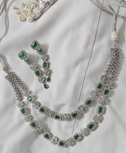 Sahira Emerald Green Double Layer American Diamond Necklace Set