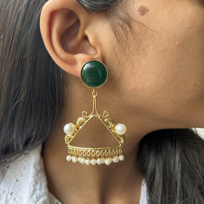 Amalia Gold Brass Earrings with Green Monalisa Stone