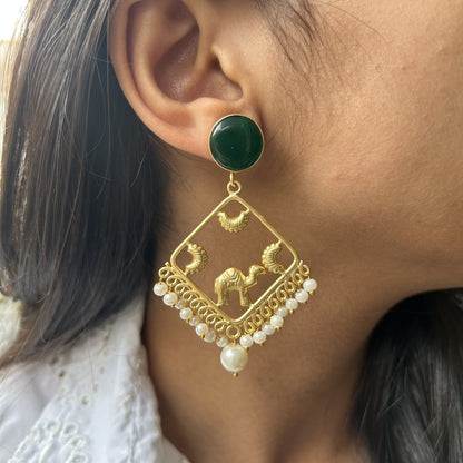 Aviva Hand Carved Earrings with Green Monalisa Stone