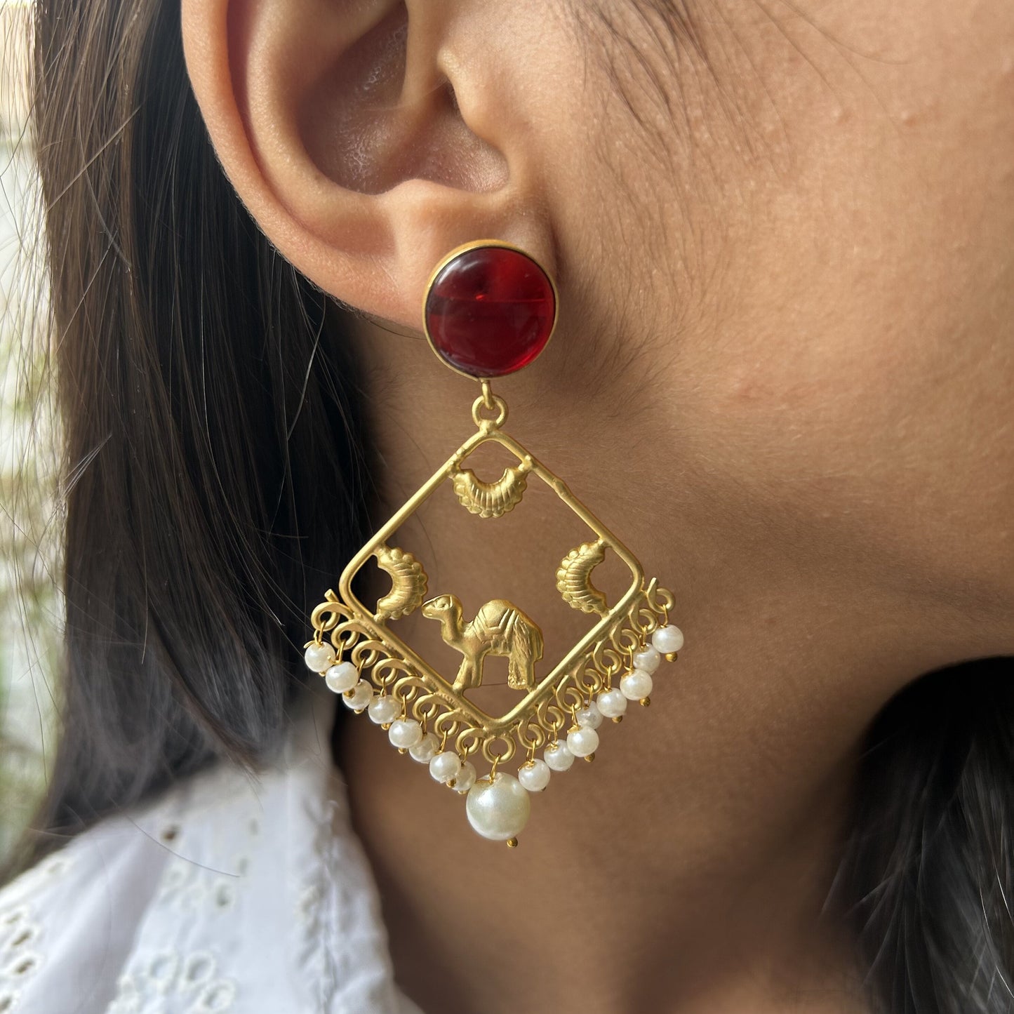 Aviva Hand Carved Earrings with Red Monalisa Stone