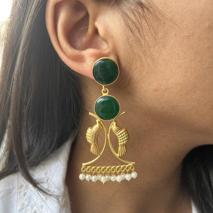 Thea Bird Brass Gold earrings with Green Monalisa Stone