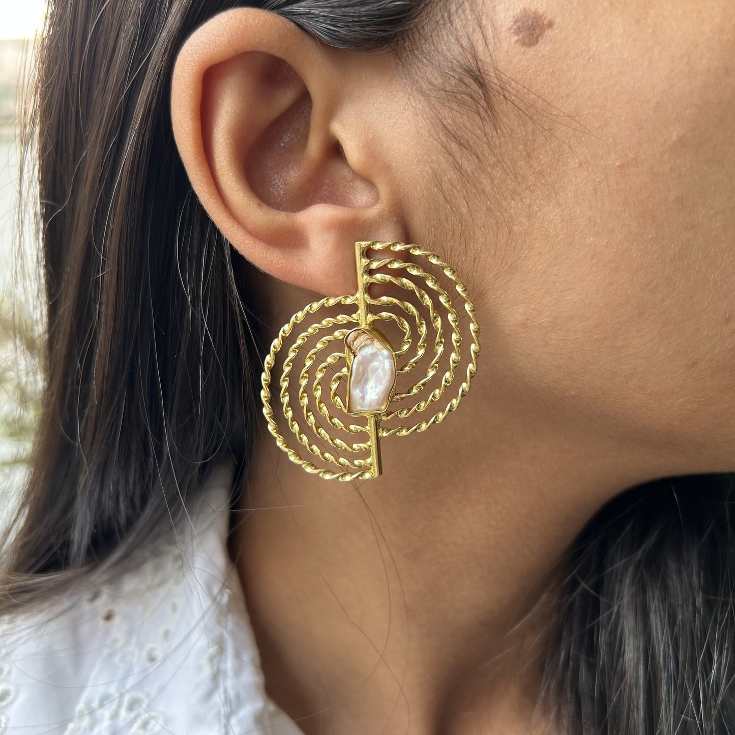 Mea Spiral Gold Brass Earrings with Mother of Pearl