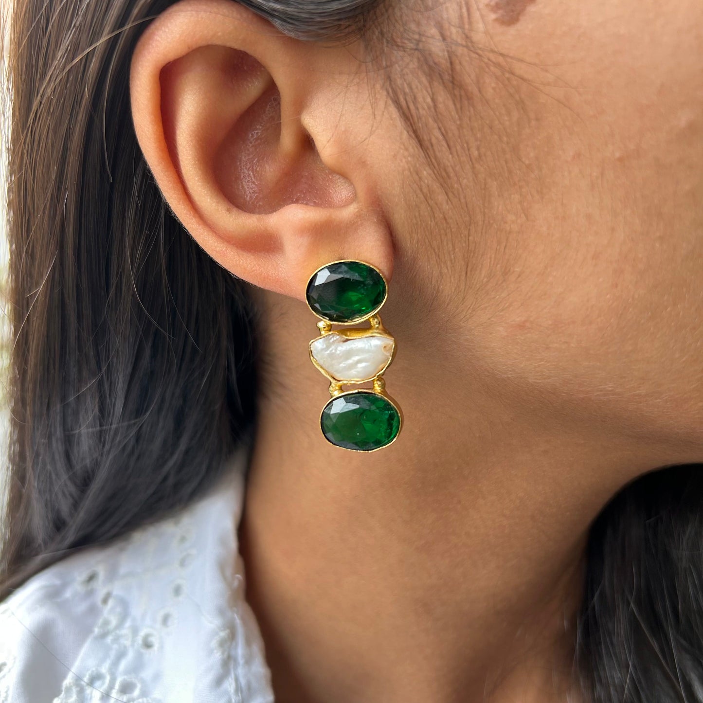 Aarna Emerald Green Quartz Earrings with Baroque Pearl