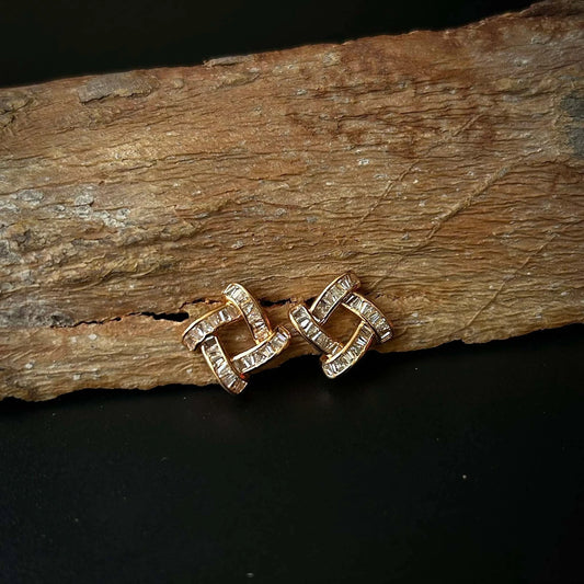 Wavy Square Stud Earrings with American Diamond and Gold Base