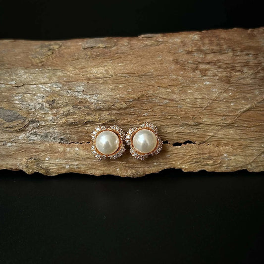 Pearl in Flower Petal with American Diamond Stud Earrings