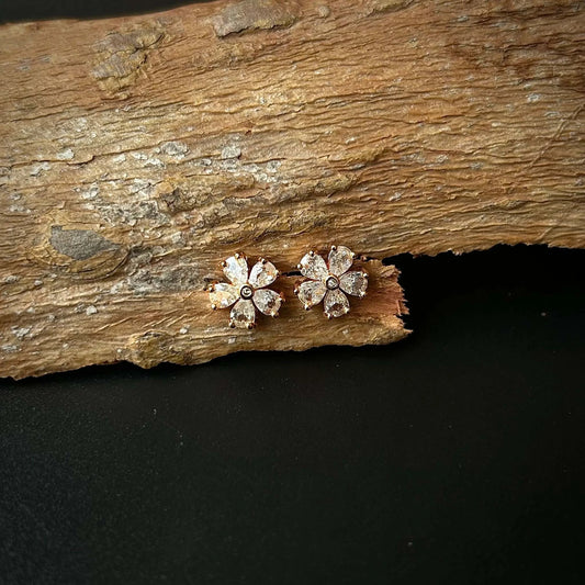 Flower Studs with American Diamond and Gold Base Earrings