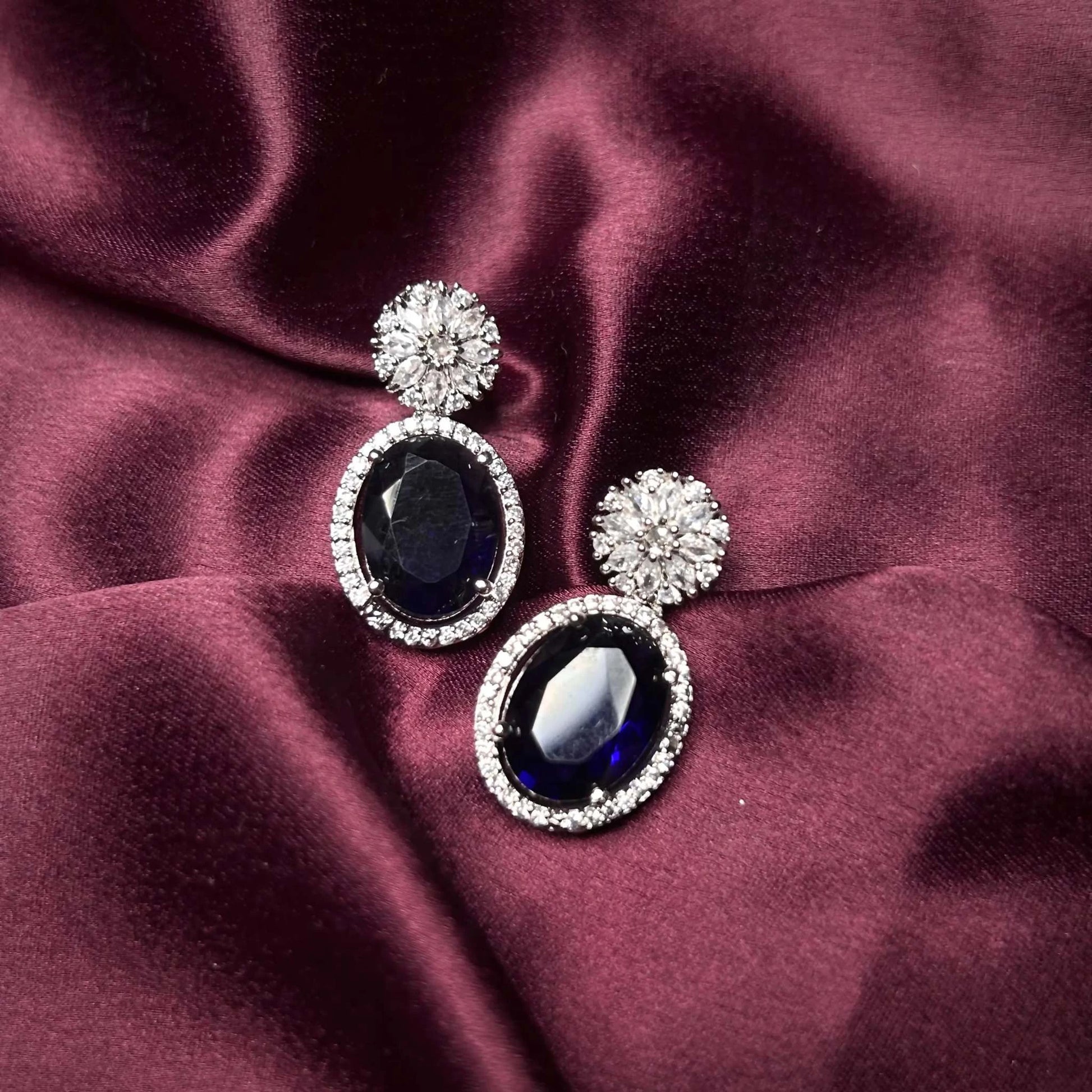 Phool Sapphire Blue American Diamond Earrings with Silver Sterling