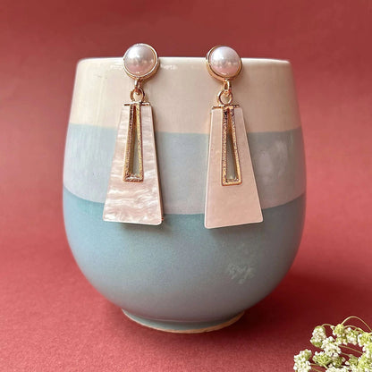 Pearl and Marble Rectangle Gold Anti Tarnish Statement Earrings