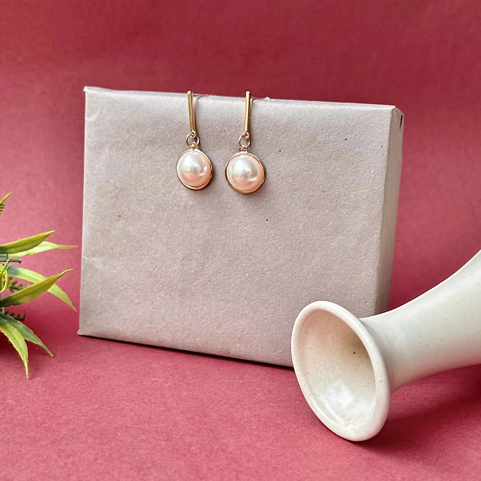 Pearl Dot Gold Dangling Statement Earrings with Anti Tarnish Finish 