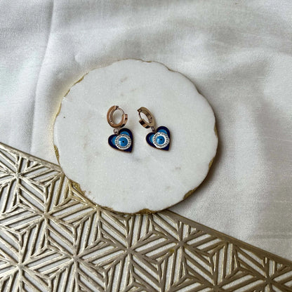 Evil Eye Gold and Blue Heart Anti Tarnish Statement Earrings