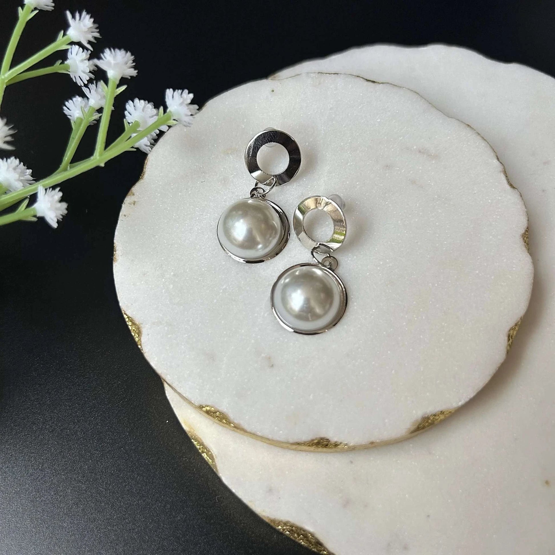 Pearl Silver Circle Statement Earring with Anti Tarnish Finishing