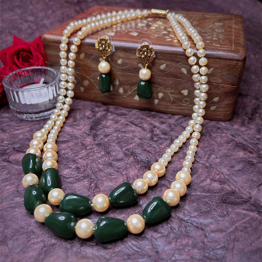 Mohye Pearl Emerald Green Moti Double Layered Necklace with Earrings