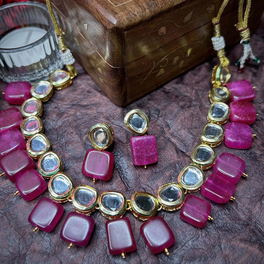 Rani Ruby Red and Gold Kundan Chokar Set with Dangling Gemstone