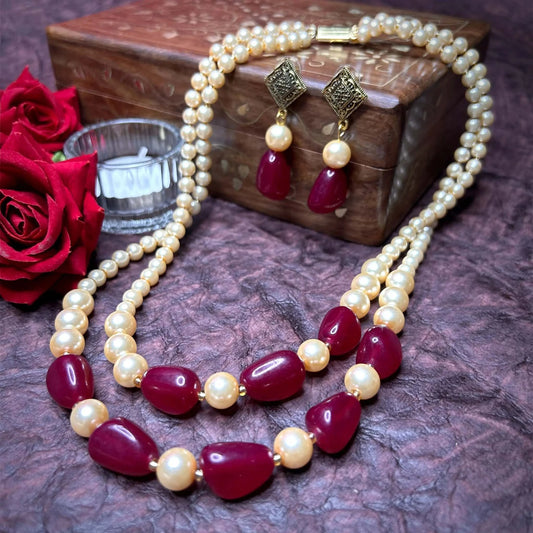 Mohye Pearl Ruby Red Moti Double Layered Necklace with Earrings