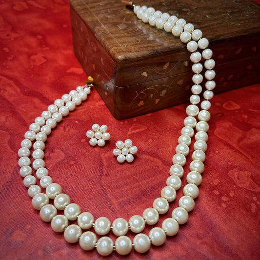 Double Layered Pearl Safeed Moti Mala with Phool Moti Earrings