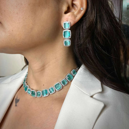 Chok Aqua Green and Silver Sterling American Diamond Choker Set