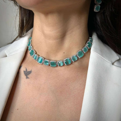 Chok Aqua Green and Silver Sterling American Diamond Choker Set