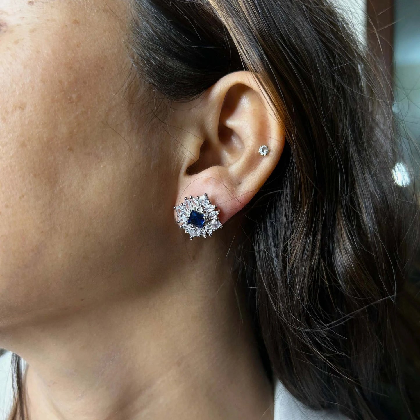 Sitara Sapphire Blue and Silver Sterling Stud with American Diamond 