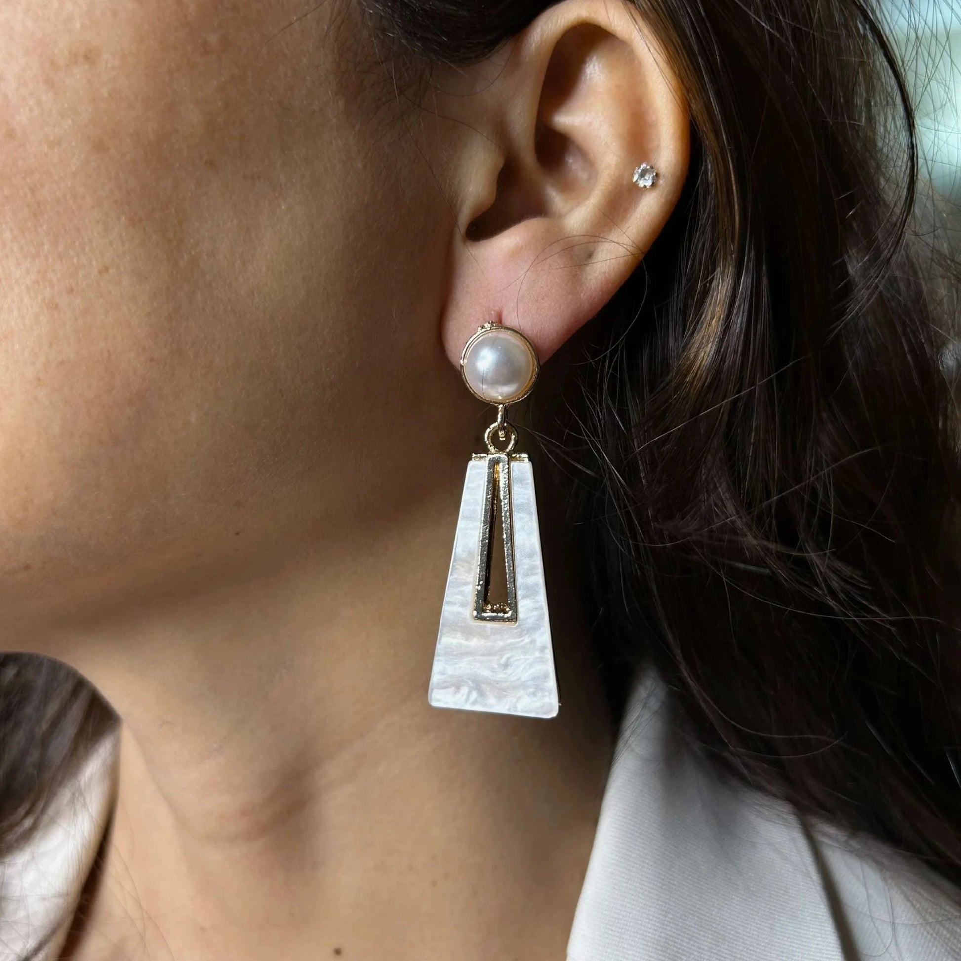 Pearl and Marble Rectangle Gold Anti Tarnish Statement Earrings