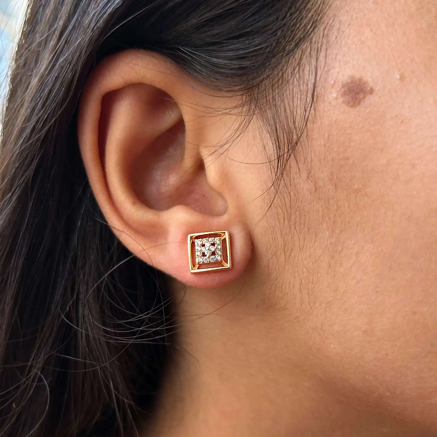 Square in Square Studs with Nano American Diamond and Gold Base