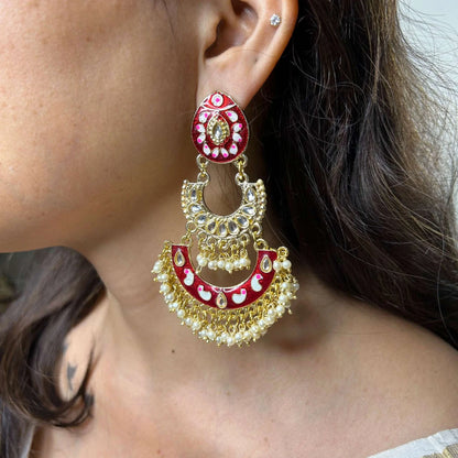 Hayat Red Double Layered Meenakari Jhumka withHayat Red Double Layered Meenakari Jhumka Pearls Dangles Outline