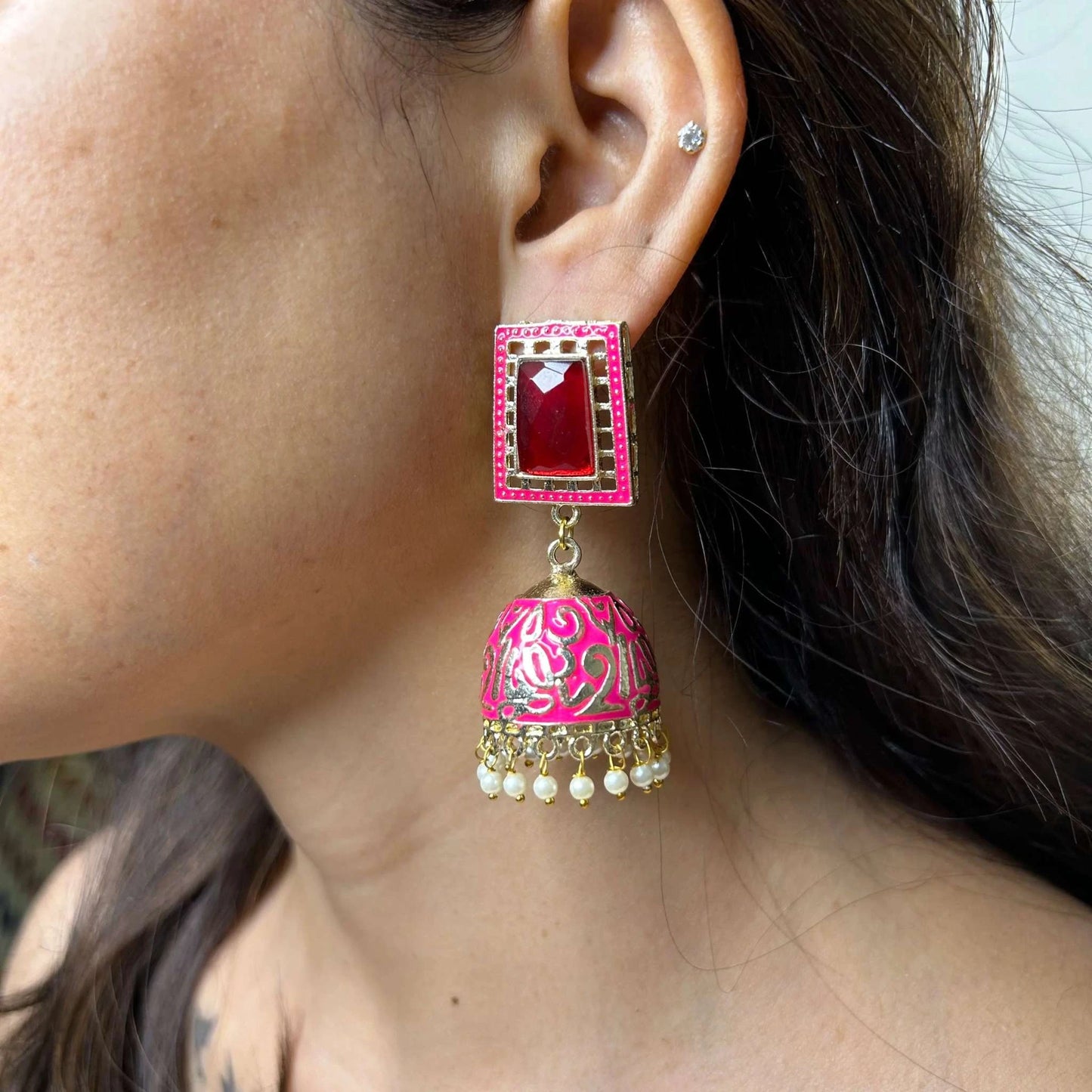 Heer Pink and Gold Rectangle Stone Stud with Drop Meenakari Jhumka