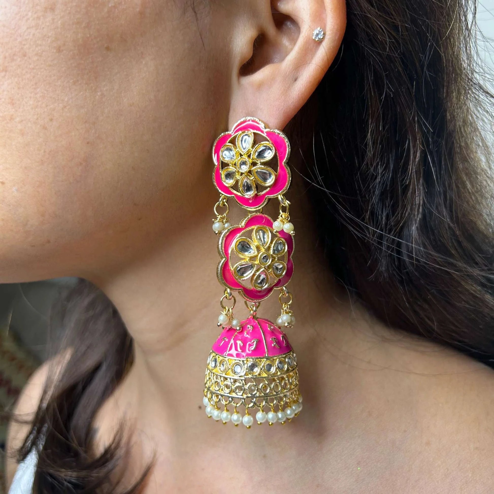 Gulab Pink and Gold Meenakari Drop Jhumka