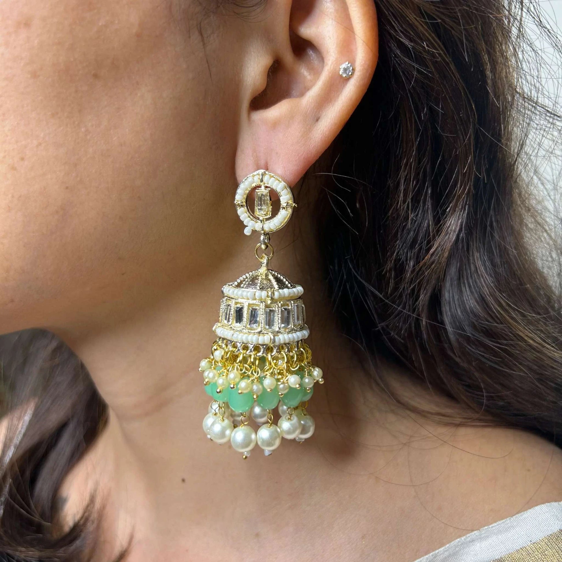 Rasiya Mint Green Cluster Bead and Pearl Jadau Jhumka with Mirror work