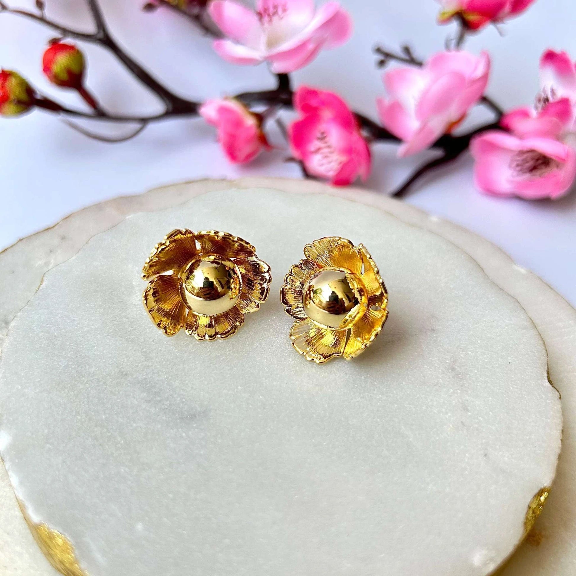 Dainty Textured Gold Flower Statement Earring with Anti Tarnish Finish