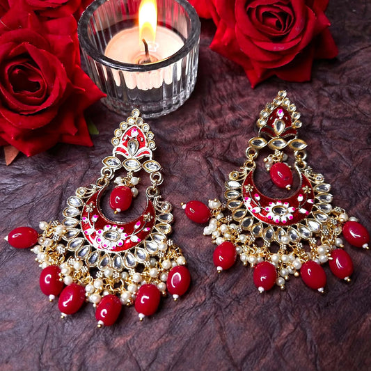 Malasa Chaand Red Cluster Beads and Pearl with Flower Meenakari Jhumka