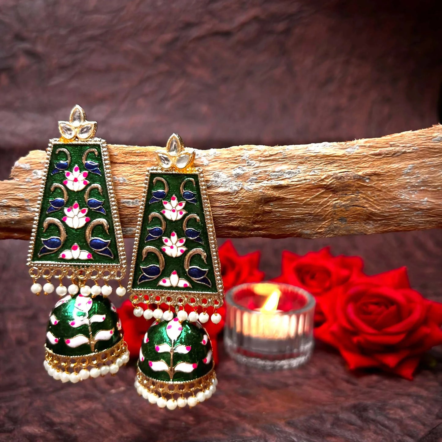 Noor Rectangle Emerald Green Meenakari Earrings