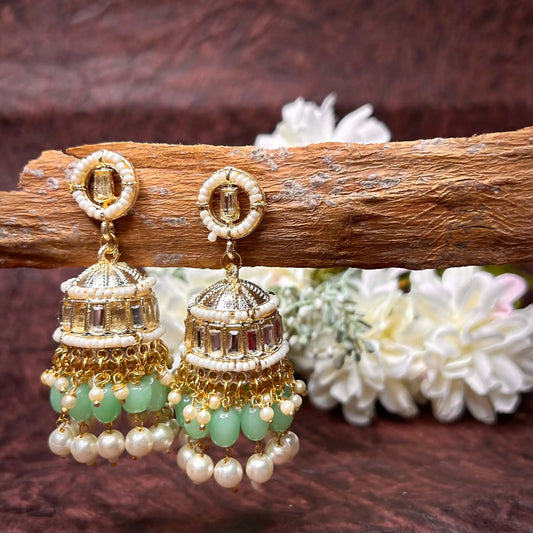 Rasiya Mint Green Cluster Bead and Pearl Jadau Jhumka with Mirror work