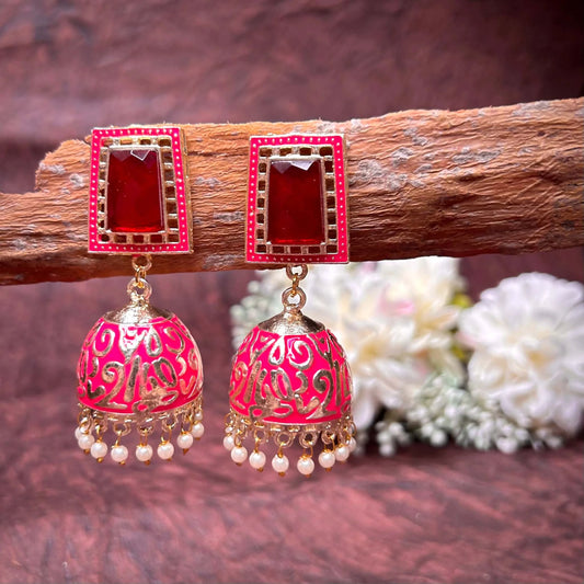 Heer Pink and Gold Rectangle Stone Stud with Drop Meenakari Jhumka