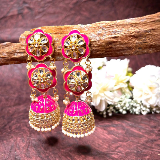 Gulab Pink and Gold Meenakari Drop Jhumka