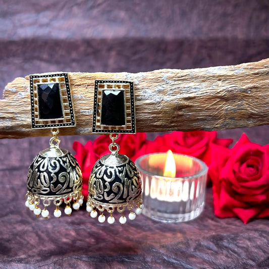 Heer Black and Gold Rectangle Stone Stud with Drop Meenakari Jhumka