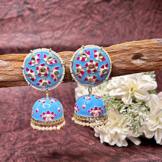 Neer Light Blue Meenakari Jhumka with Pearl Danglers and Touch of Pink