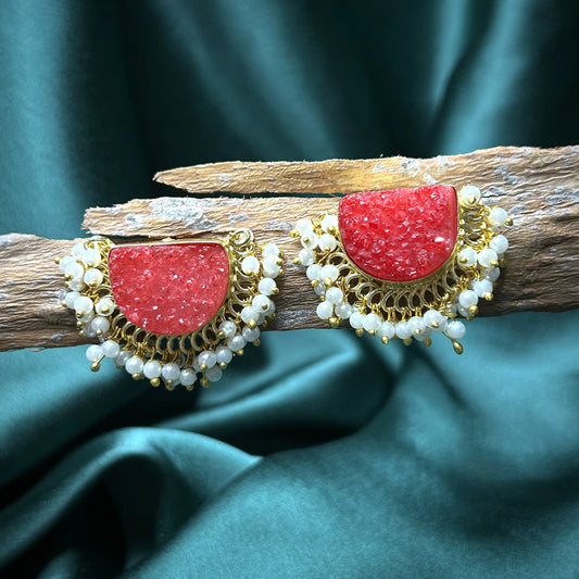 Amaam Red Earrings with Natural Quartz and Basra Pearls