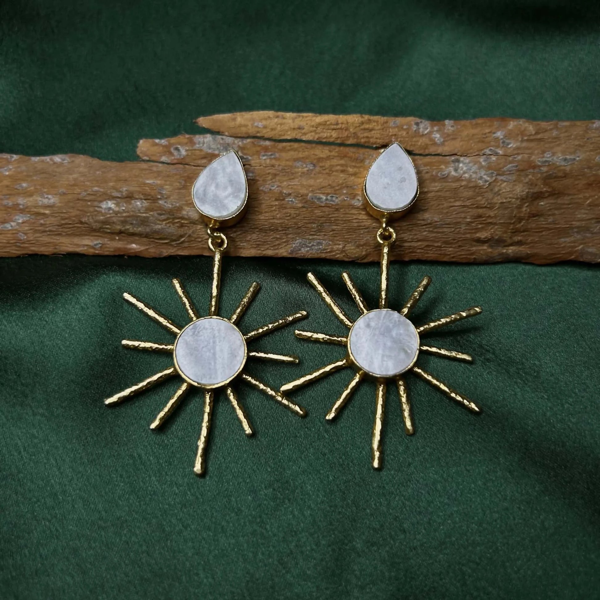 Ayla White Sun Shaped Quartz Gem Earrings with Brass Base