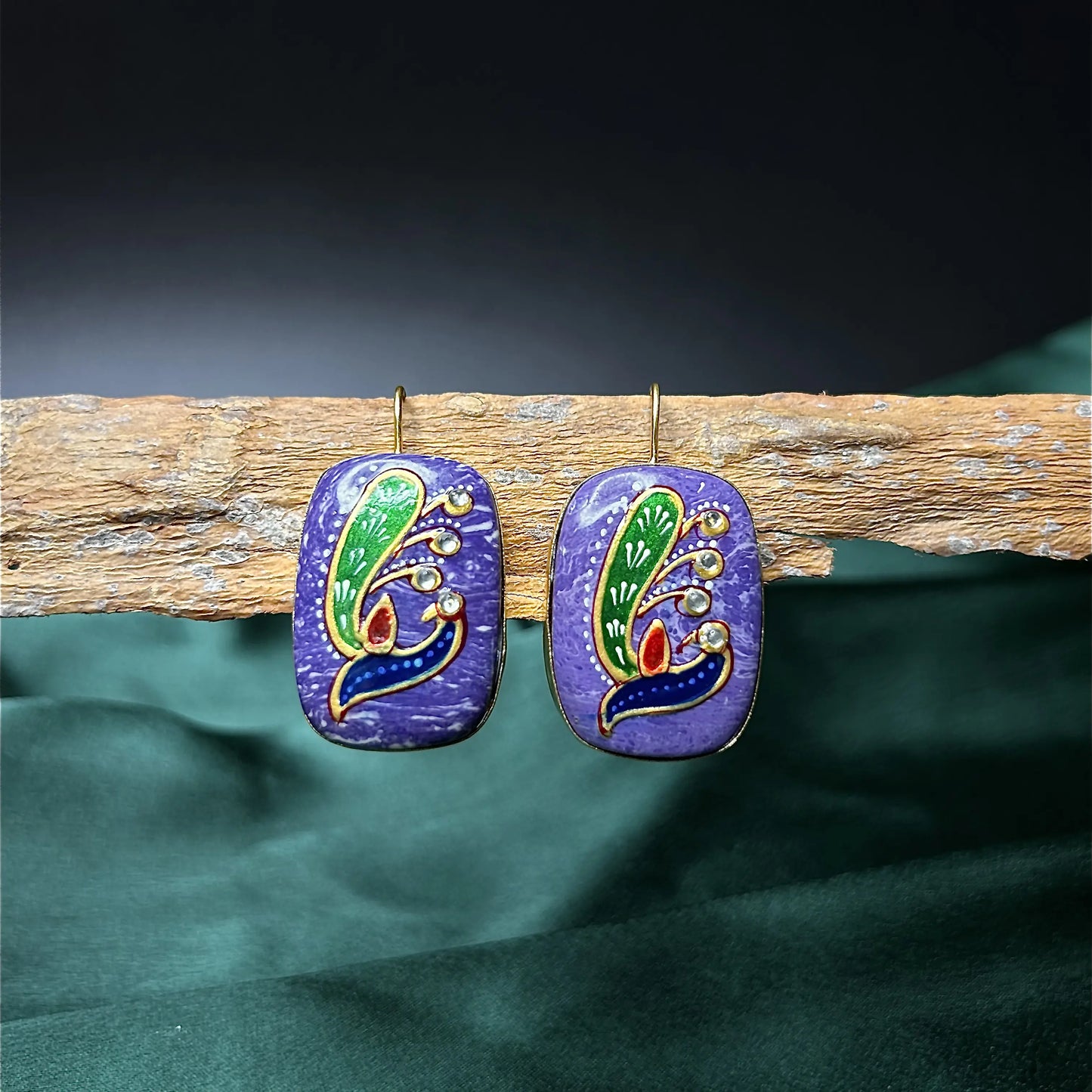 Gul Rectangle Monalisa Stone Earring with Peacock Work