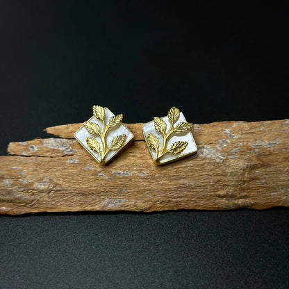 Bail Gold Square Earrings with Handmade Brass Leaf