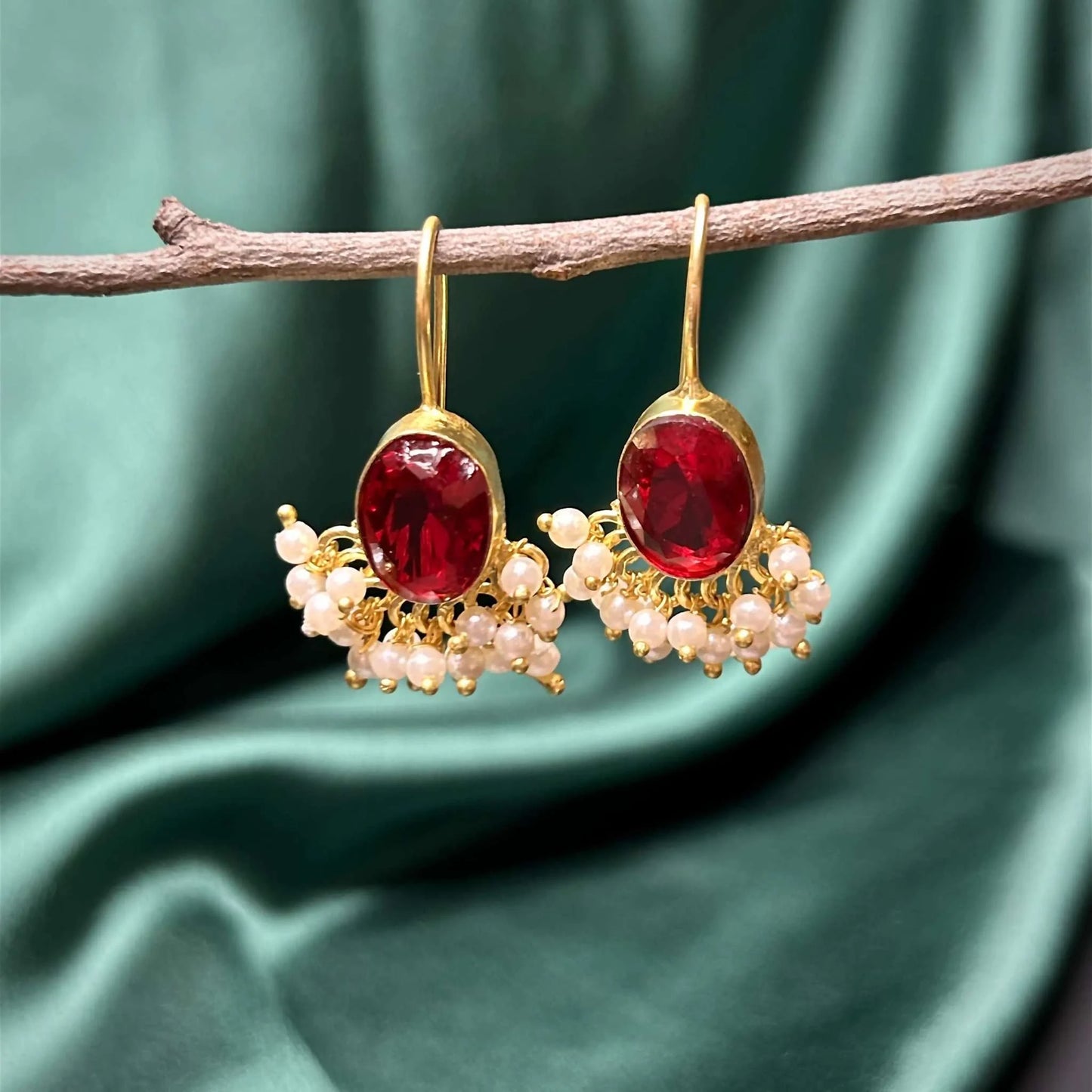 Noorie Red Quartz Earrings with Basra Pearl Dangles