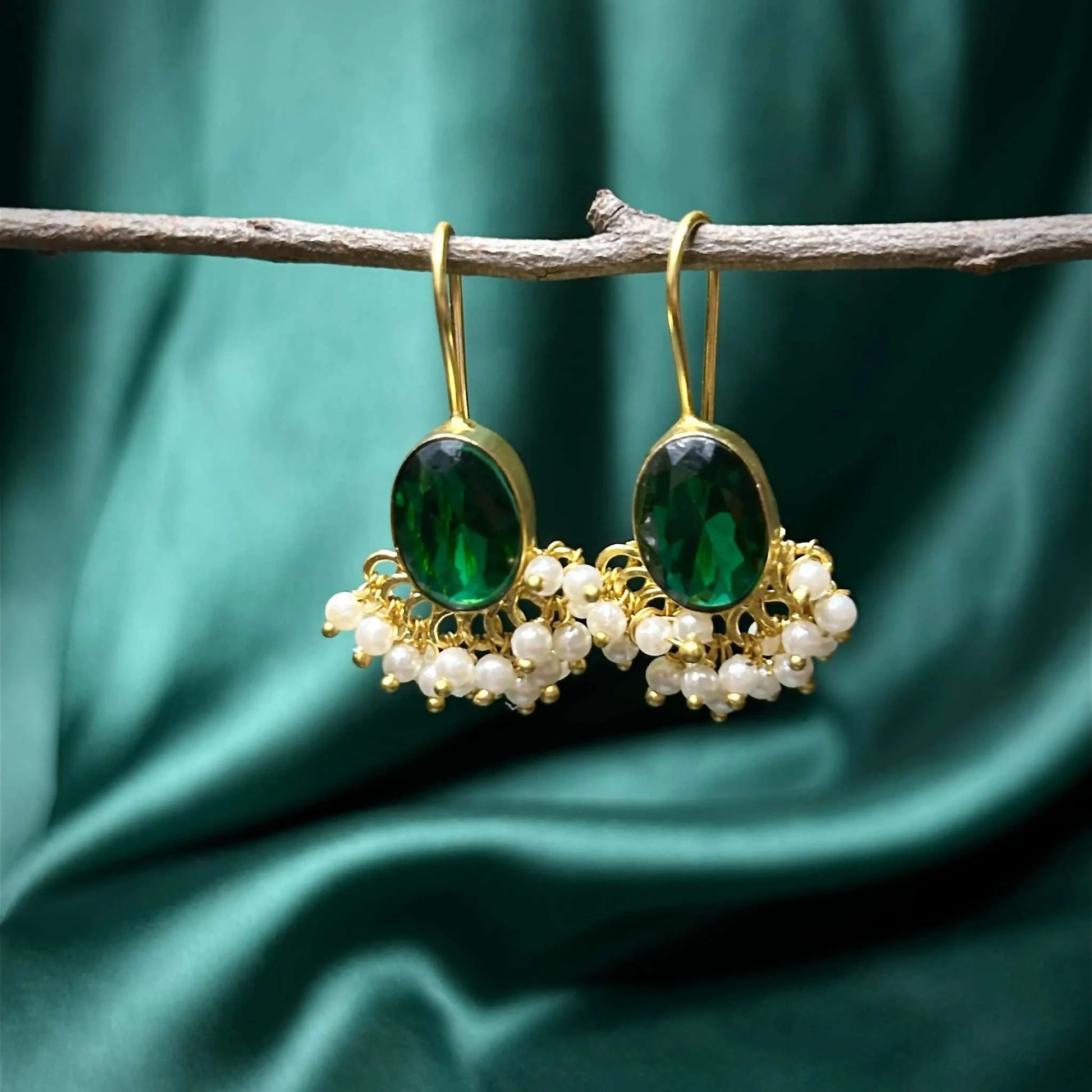 Noorie Emerald Green Quartz Earrings with Basra Pearl Dangles