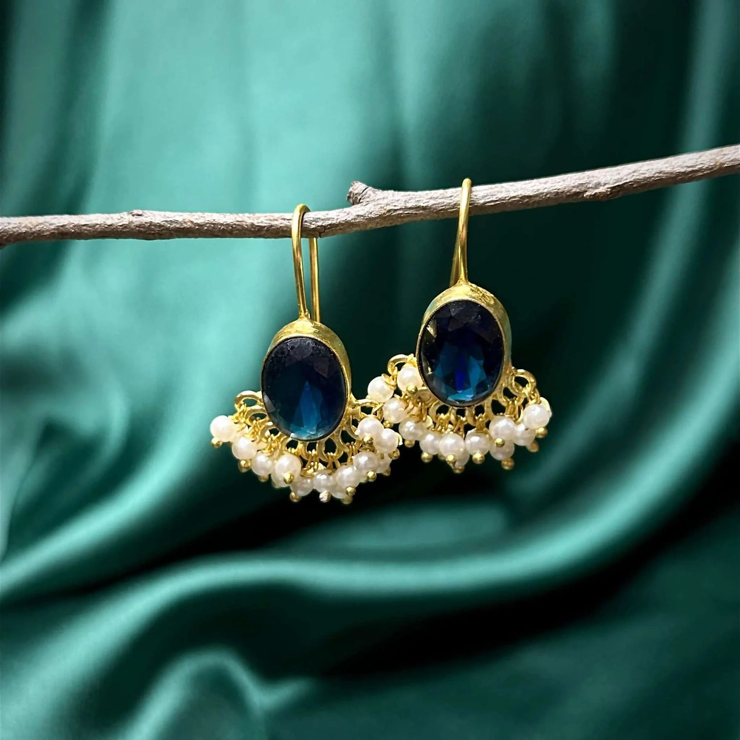 Noorie Sapphire Blue Quartz Earrings with Basra Pearl Dangles