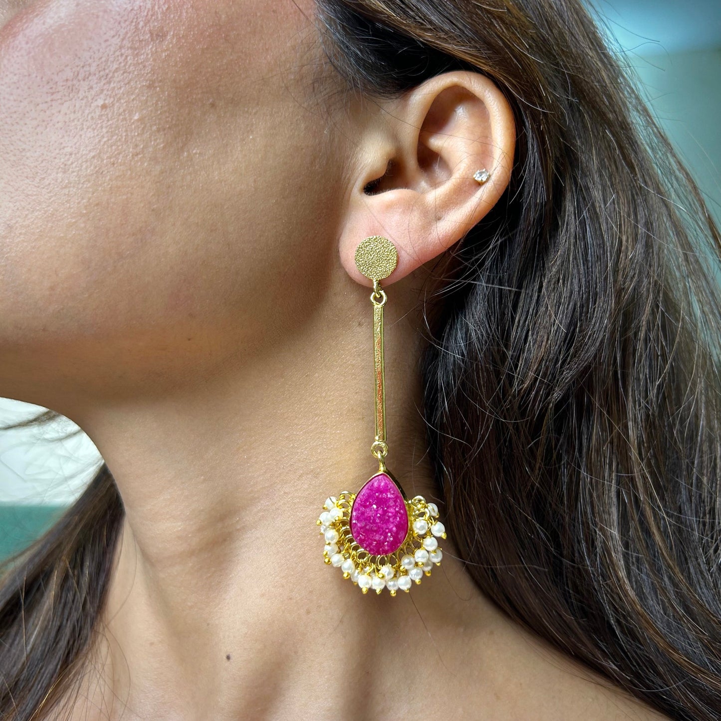 Amaam Magenta Hanging Earrings with Natural Quartz