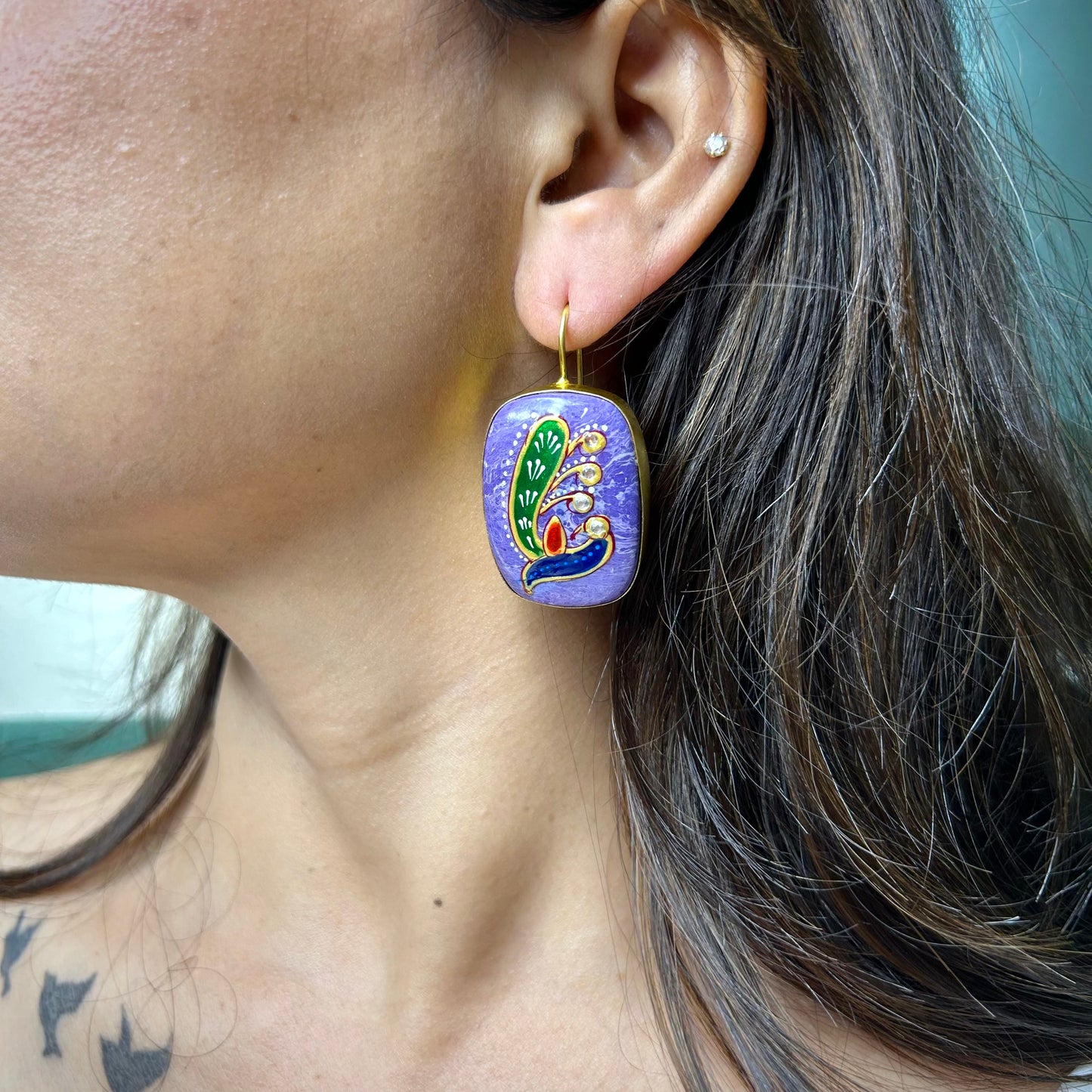 Gul Rectangle Monalisa Stone Earring with Peacock Work