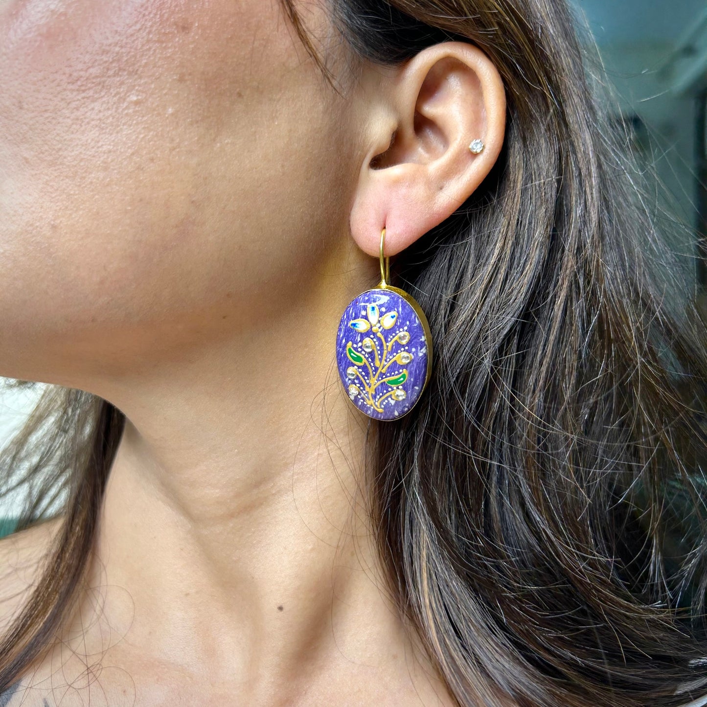 Gul Oval Monalisa Stone Earring with Phool Patti Work