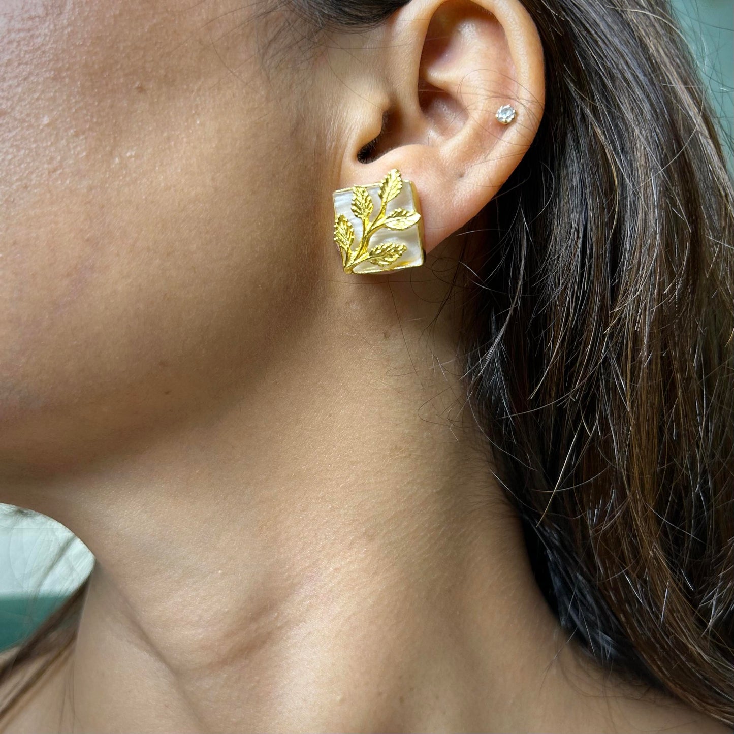 Bail Gold Square Earrings with Handmade Brass Leaf